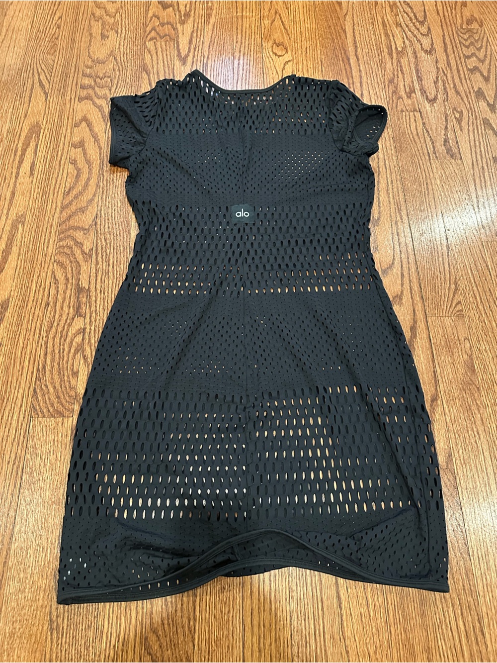 ALO Yoga Black Open-Knit Short Sleeve Mini Dress - Picture 5 of 7